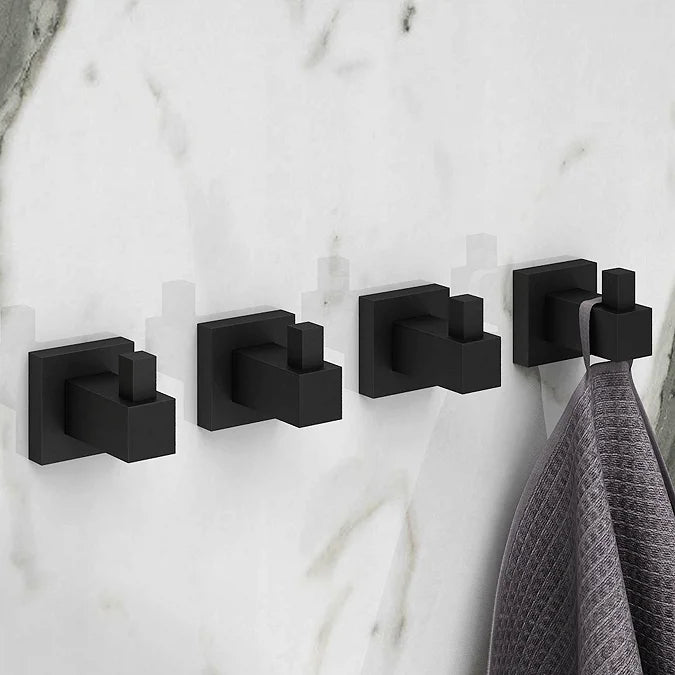 4 x Arezzo Matt Black Modern Square Robe Hooks