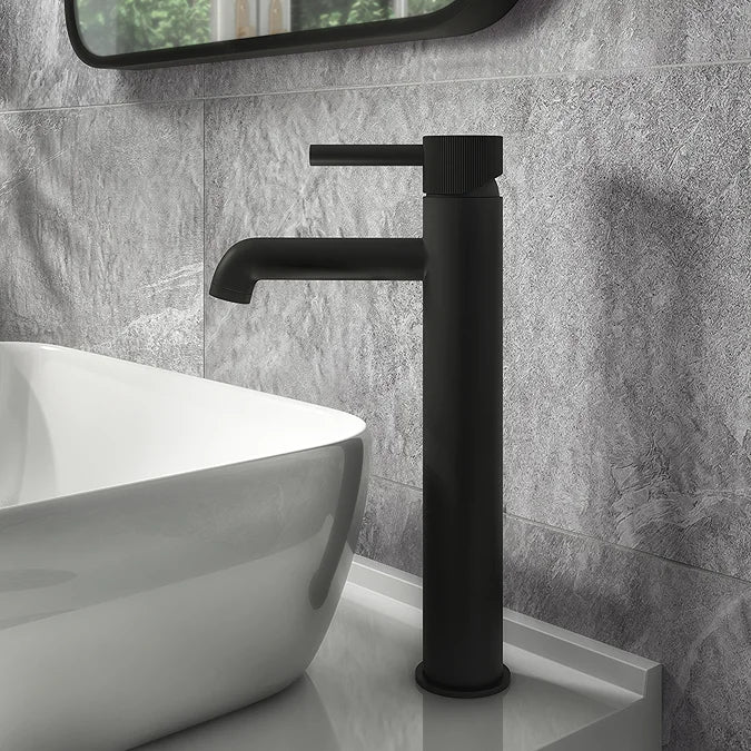 Arezzo Fluted Round Matt Black High Rise Mono Basin Mixer Tap