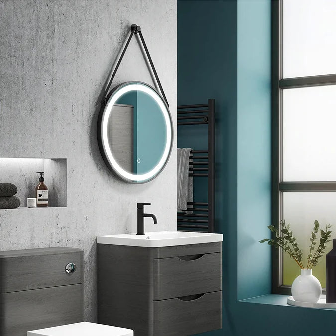Arezzo Matt Black 600mm Round LED Illuminated Anti-Fog Bathroom Mirror