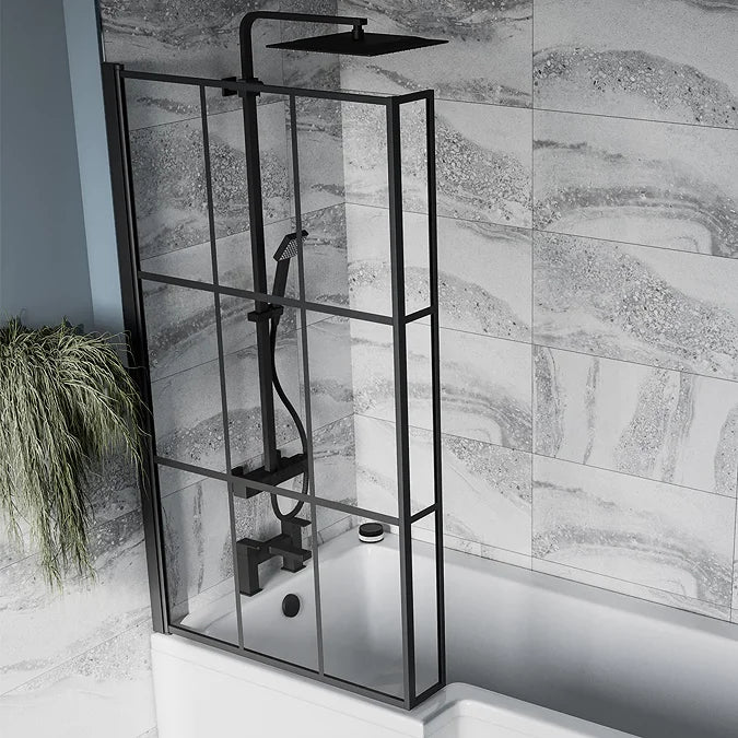 Arezzo Shower Bath - 1700mm L Shaped with Matt Black Grid Screen + Panel