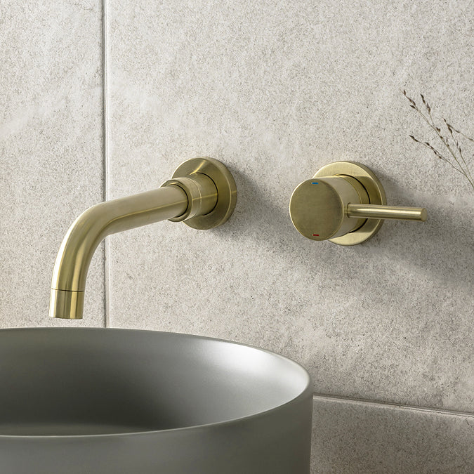 Arezzo Round Brushed Brass Wall Mounted (2TH) Basin Mixer Tap
