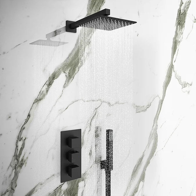 Arezzo Matt Black Square Triple Thermostatic Shower Pack with Head + Handset