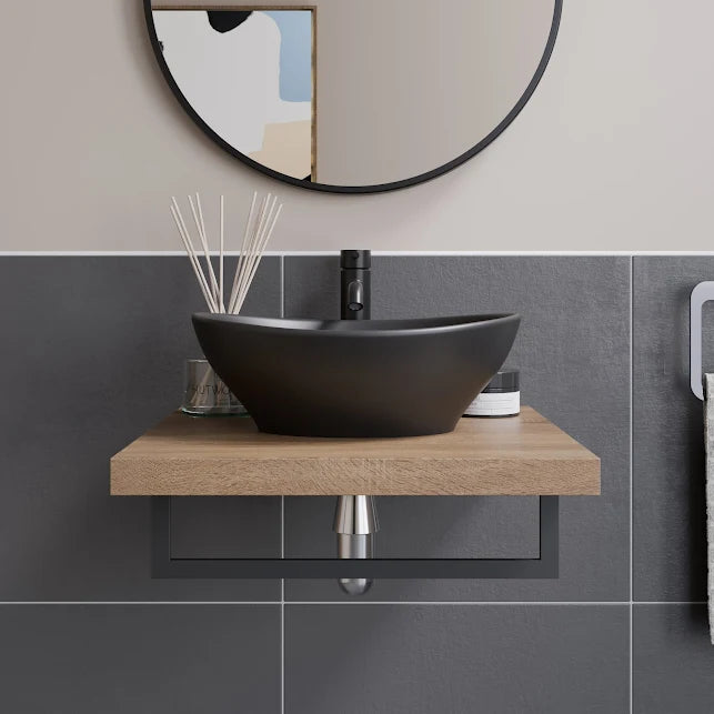 Vitusso Garda Wall Hung Wood Countertop Shelf & Roubaix Black Basin 500mm