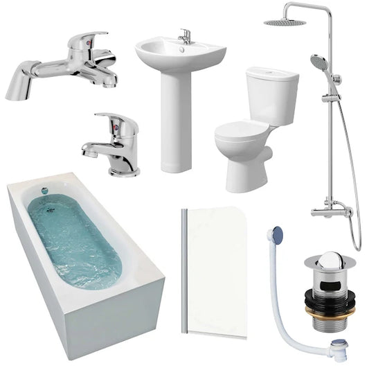 Essentials Complete Bathroom Suite Bundle with Single End Bath - 1700mm