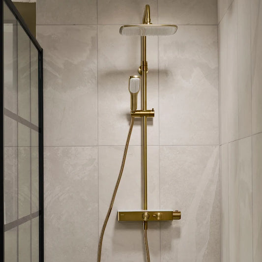 Triton Push Button Dual Head Thermostatic Bar Mixer Shower - Brushed Brass